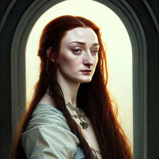 Image similar to portrait of a beautiful sansa stark, pale skin, female with long black hair, dark, piercing eyes, gentle expression, elegant clothing, photorealistic, highly detailed, artstation, smooth, sharp focus, art by michael whelan, artgerm, greg rutkowski and alphonse mucha