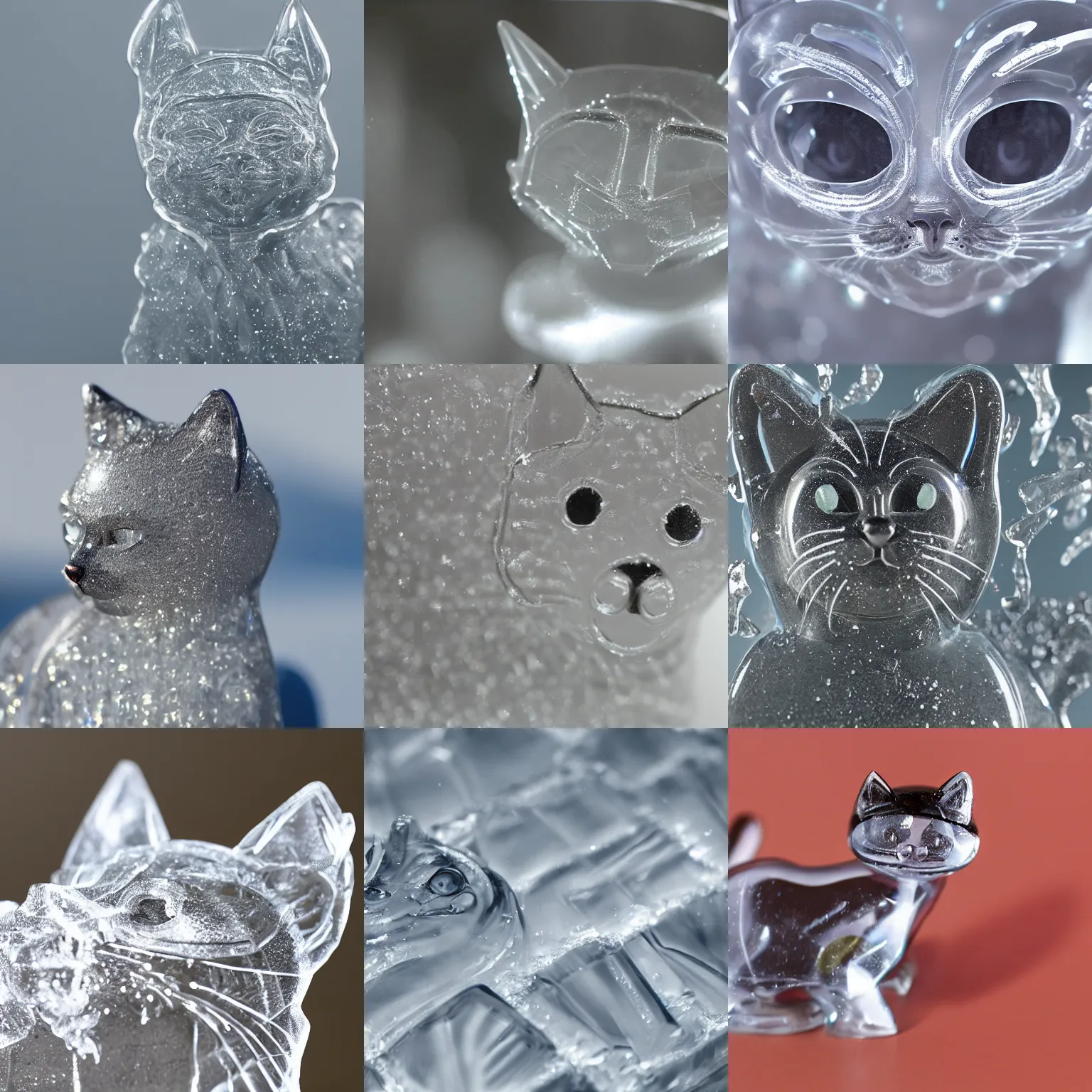 Prompt: highly detailed, close - up, sharp focus, cat figure material is transparent ice,