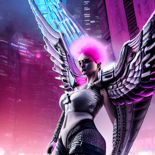 Prompt: cyberpunk valkyrie flying above a cityscape with wings made of metal, pink and silver armor, high detail, pink smoke rising,