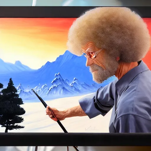 Image similar to a closeup photorealistic photograph of bob ross working on a canvas painting of darth vader. film still. brightly lit scene. mountains and trees. this 4 k hd image is trending on artstation, featured on behance, well - rendered, extra crisp, features intricate detail, epic composition and the style of unreal engine.