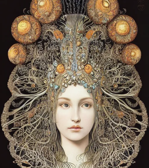 Image similar to portrait of a beatiful young goddess with intricate jellyfish headdress, dark background, intricate hyper detailed art by ernst haeckel and james jean