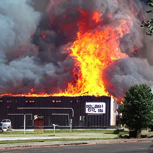 Image similar to burning warehouse with giant sign that says “ ozon ”, realistic photo