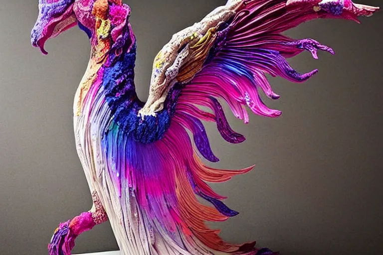 Prompt: vivid sculpture of a man dripping colorful mud, flowers, gems and minerals, long patterned feathers. intricate. gradient colors. empty white space exposition. by ueda akishi, beth cavener, ellen jewett, rogers.