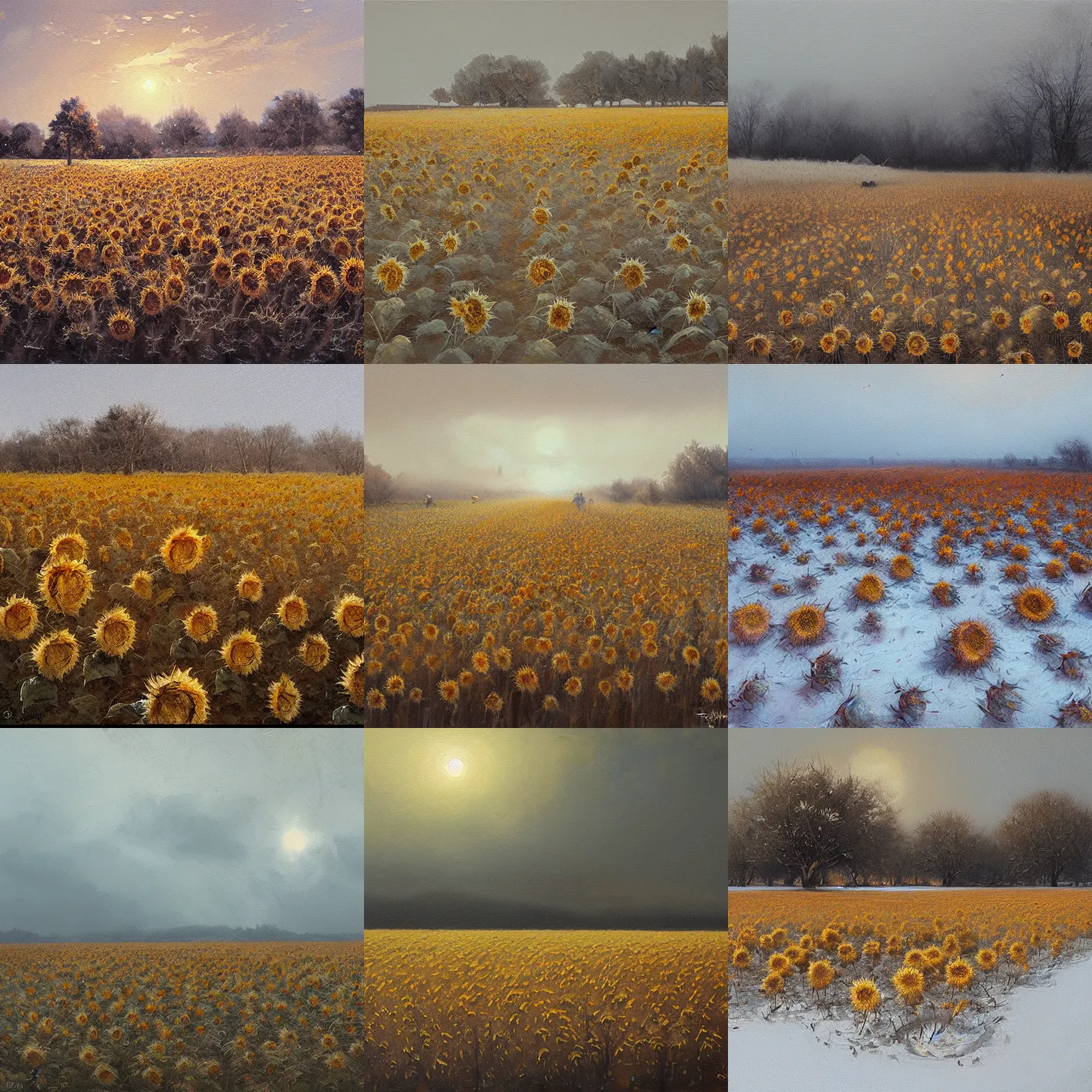 Image similar to Painting by Greg Rutkowski, a field of broken old dry sunflowers in winter