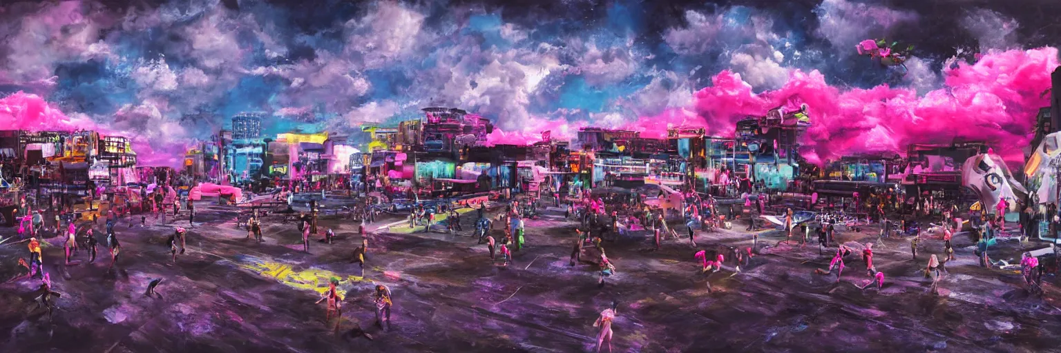 Image similar to oil painting, dog run, pink, ultra detailed, the middle view dog, run, spase dogs and punks running with neon mohawks, space, dark, stars, pirate neon ship with punks on board, neon, rich deep colors masterpiece, contrast, clouds, sky, volumetric light, atmospheric lighting, dramatic, moody, octane render