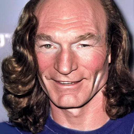 Image similar to captain picard with shoulder length wavy hair, long hair, hair stylist photo