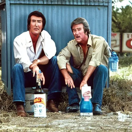 Prompt: randy mantooth and kevin tighe drunk, sitting by a dumpster drinking beer, many empty bottles lie around them