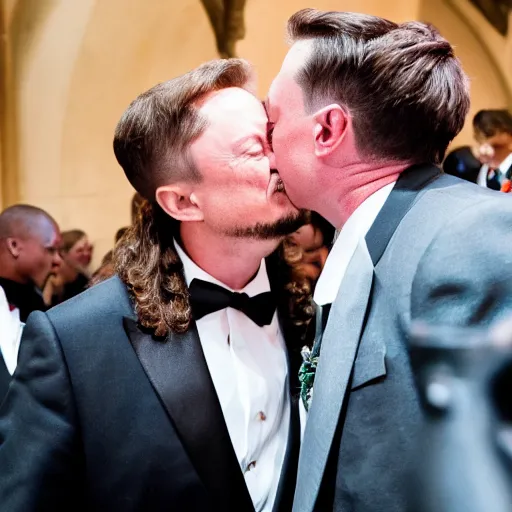 Image similar to snoop dogg french kissing elon musk during their wedding day, in front of paparazzi in church, 8 k, photo, award winning,