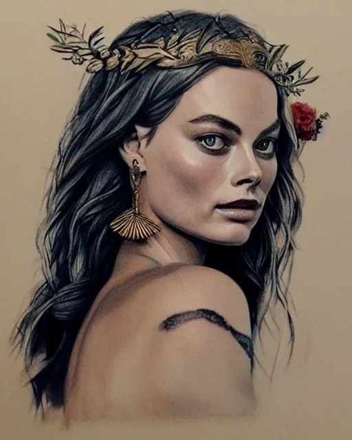 Image similar to realism tattoo sketch of margot robbie as a beautiful greek goddess aphrodite with piercing eyes wearing a laurel wreath and triangle earrings, in the style of greg rutkowski, amazing detail