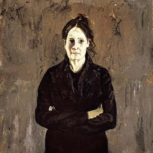 Image similar to woman on a victorian style bad old deteriorating walls in the background in the style of lucian freud, painting, dark, brush strokes