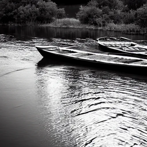 Prompt: two boats on a river, black and white photo, highly detailed, dlsr