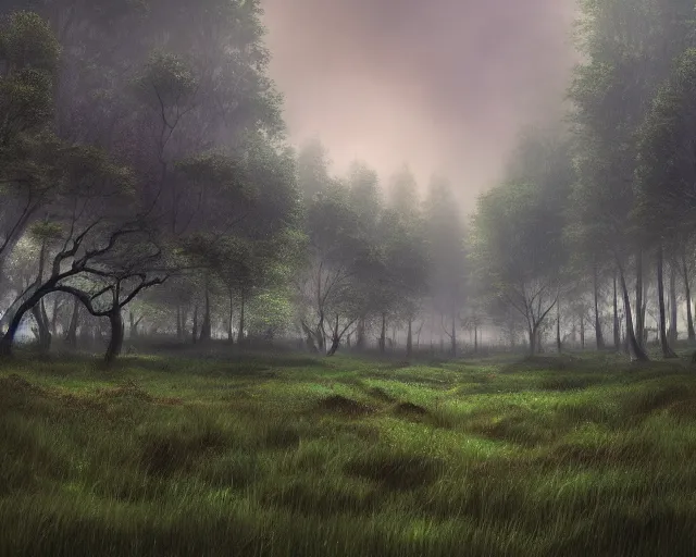 Prompt: Small flat clearing of vibrant green grass shrouded under a gloomy dark sky, surrounded by dense creeping Everfree forest with thick dark trees, 4k landscape, 1000 hour digital artwork by Noah Bradley