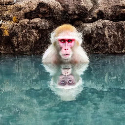 Image similar to Japanese white macaque in a hot pool, award winning photography, cinematic, steam rising off the water