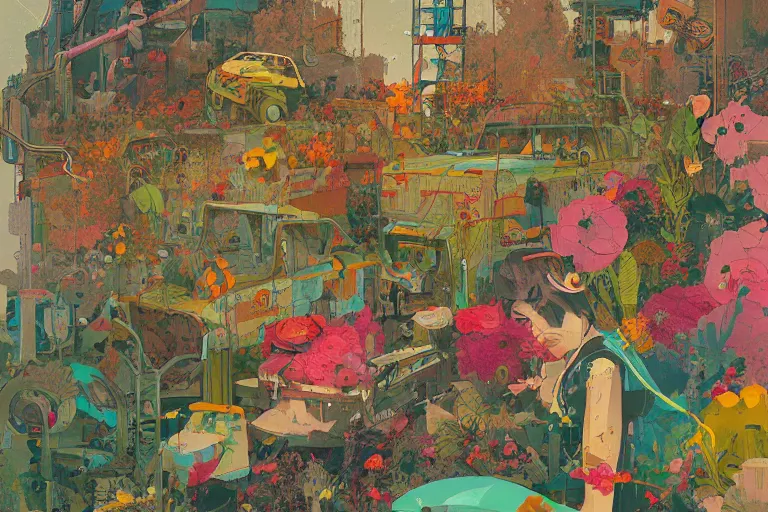 Prompt: a dystopic junkyard, detailed painting, overgrown with flowers, art by Sachin Teng, beautiful lush colors