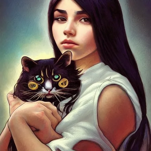 Image similar to cute emo mexican girl and her cat, with long dark hair, thick eyebrows!!! deep dark big shiny eyes and dark circles!, wide nose!!!, oval face shape, big cheeks! by juan villafuerte, greg rutkowski and alphonse mucha, pexels contest winner, high quality photo, rtx, hd