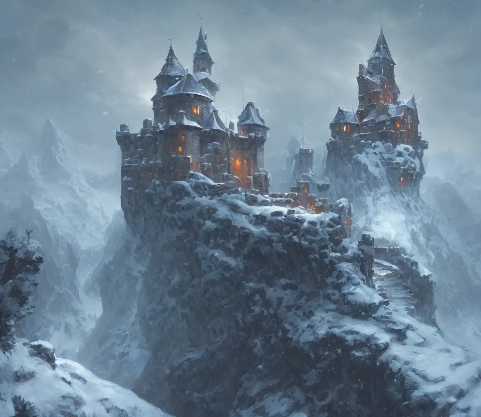 Image similar to a painting of a castle in the middle of a snowy mountain, a detailed matte painting by andreas rocha and greg rutkowski, featured on artstation, fantasy art, matte drawing, matte painting, artstation hq