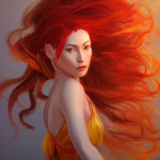 Image similar to goddes of the sun, beautiful, stunning, red golden dress, whirling with power in the sky, unreal engine, concept art, photorealistic, cinematic, james jean, akira, satochi con