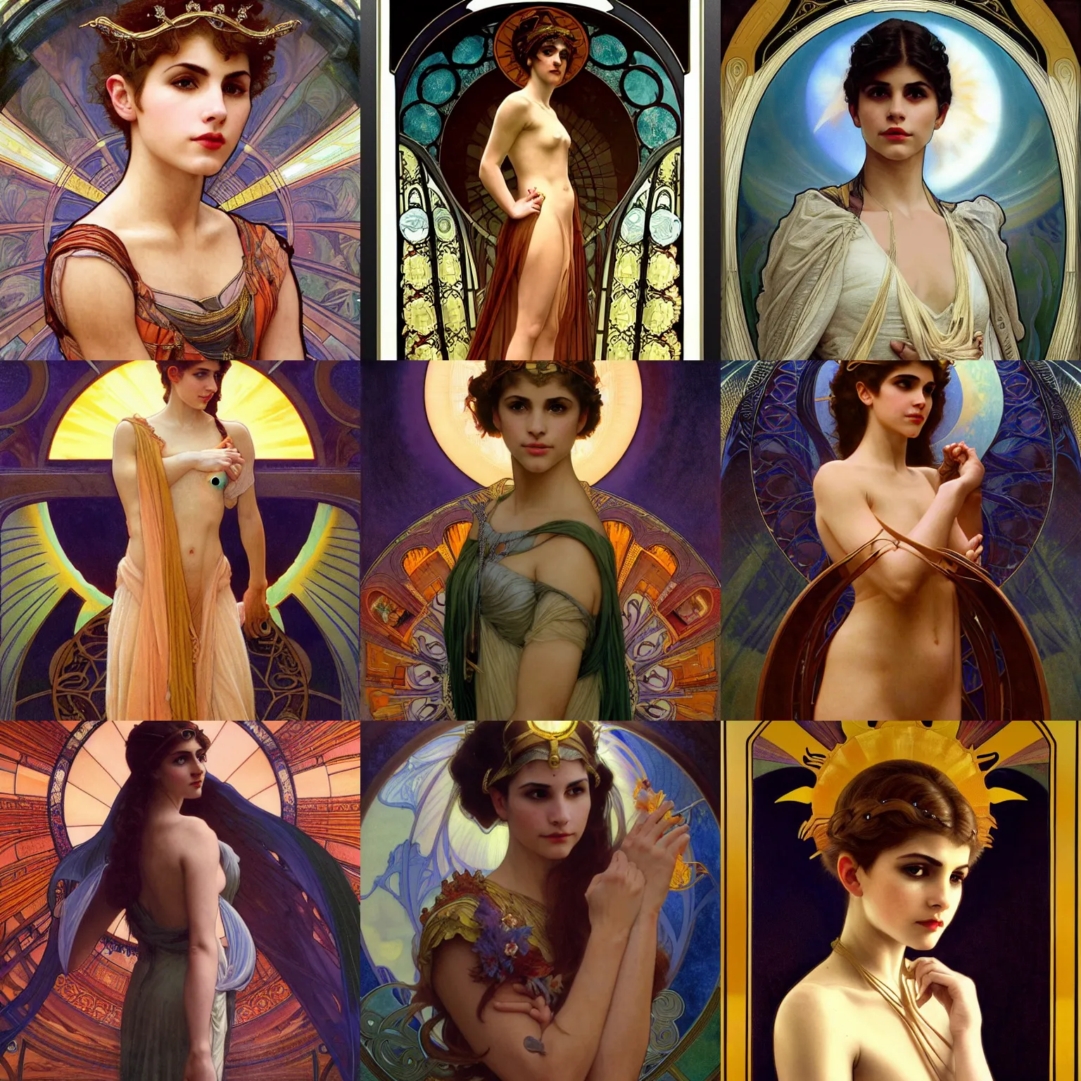 Prompt: stunning, breathtaking, awe-inspiring award-winning concept art nouveau painting of attractive Sami Gayle as the goddess of the sun, with anxious, piercing eyes, by Alphonse Mucha, Michael Whelan, William Adolphe Bouguereau, John Williams Waterhouse, and Donato Giancola, cyberpunk, extremely moody lighting, glowing light and shadow, atmospheric, cinematic, 8K