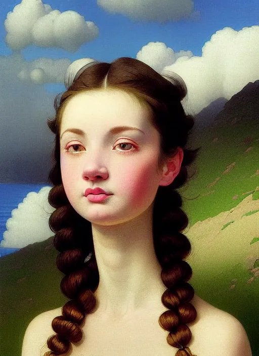 Image similar to hyper detailed 3 d render like a oil painting - cute portrait of a brunette named emma, italian looking, looking at camera, symmetrical face, long brunette hair, nose ring, a smiling cow looking over her shoulder by ryden, kawase hasui, dorothea tanning, edward hopper and james gilleard, aivazovsky, beksinski, outram, artstation