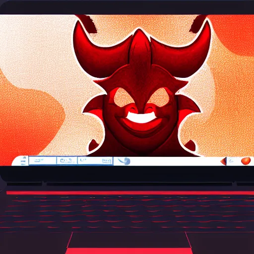 Image similar to a demon programmer using a laptop ~ evil smile ~ lava background ~ two horns ~