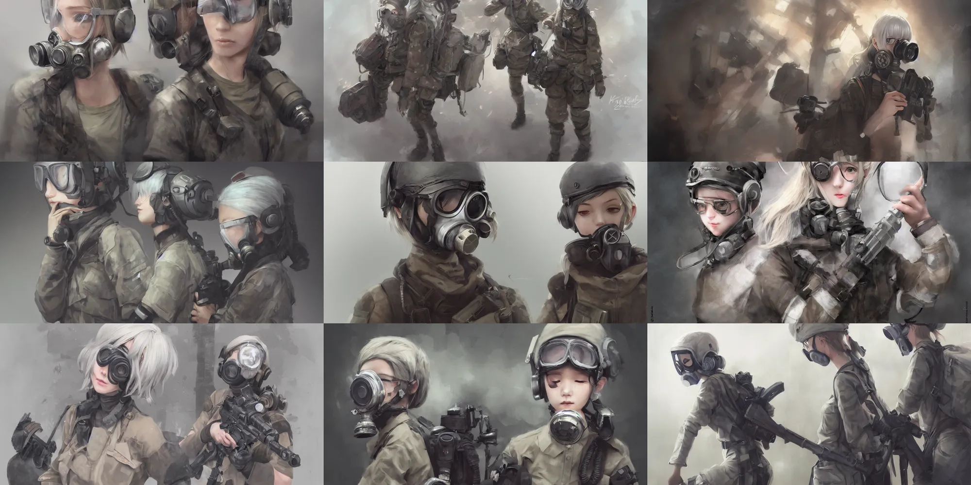 Prompt: girl silver hair, multicam, gas mask, realistic illustration by Krenz Cushart, cinematic