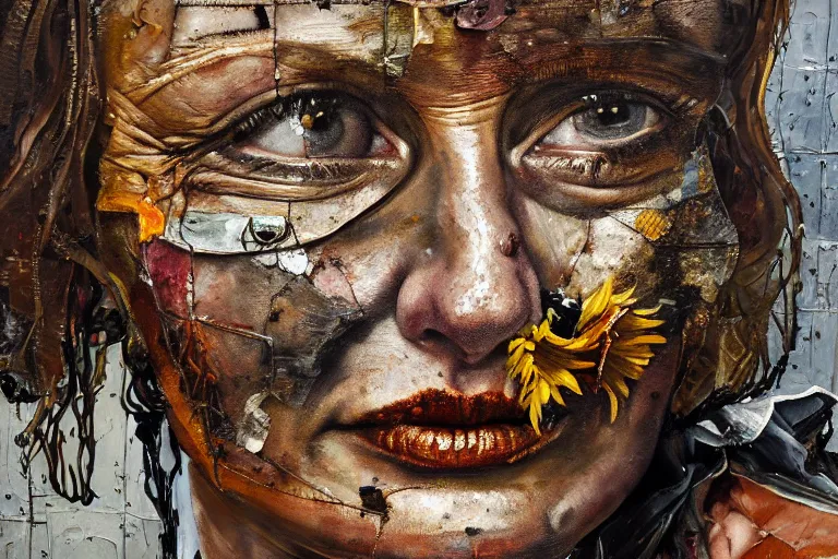 Image similar to an extreme close up portrait a very ordinary middle-aged woman with a calm expression, front angle, by Anselm Kiefer and Lucian Freud and Jenny Saville, oil painting, rust, Scaffolding, rusted metal and sunflowers, iron cladding, decay, mixed media, textured, anatomically correct, beautiful perfect face, visible brushstrokes, sharp focus, Highly Detailed, Cinematic Lighting, 8k, HD