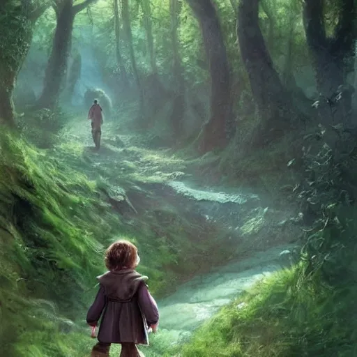 Prompt: a young hobbit with short hair and a dark green cloak hiking through the forest, trending on artstation, realistic, detailed, by Tony Sart