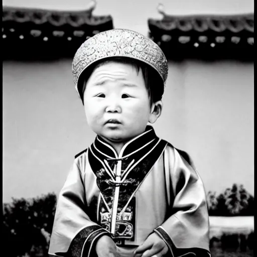 Prompt: chinese little emperor, black and white, crying