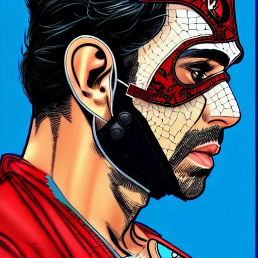 Prompt: a profile photo of a persian man with a diving mask with side profile blood in ocean intricate details by MARVEL comics and Sandra Chevrier-C