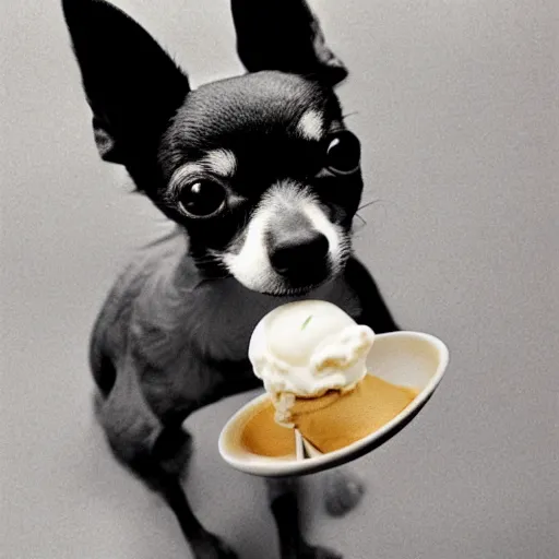 Prompt: a cute chihuahua eating an ice cream in the style of anni albers