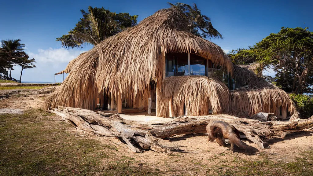 Prompt: architectural photography of a house made of driftwood, natural and organic and flowing, on the coast, wide angle, shot from a low angle, great lighting, cinematic. inhabited by a family of capybaras.