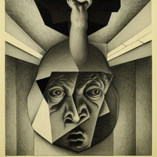 Image similar to lithography on paper conceptual figurative post - morden monumental dynamic portrait by goya and escher and hogarth, inspired by magritte, illusion surreal art, highly conceptual figurative art, intricate detailed illustration, controversial poster art, polish poster art, geometrical drawings, no blur