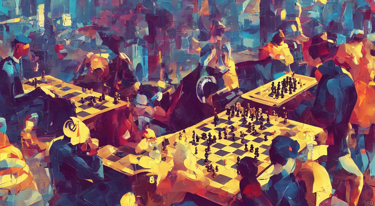 Prompt: a graph style gauche impasto, oil paint, people playing chess, steampunk art by james gilleard, cgsociety, retrofuturism, synthwave, retrowave, outrun, autumn color.