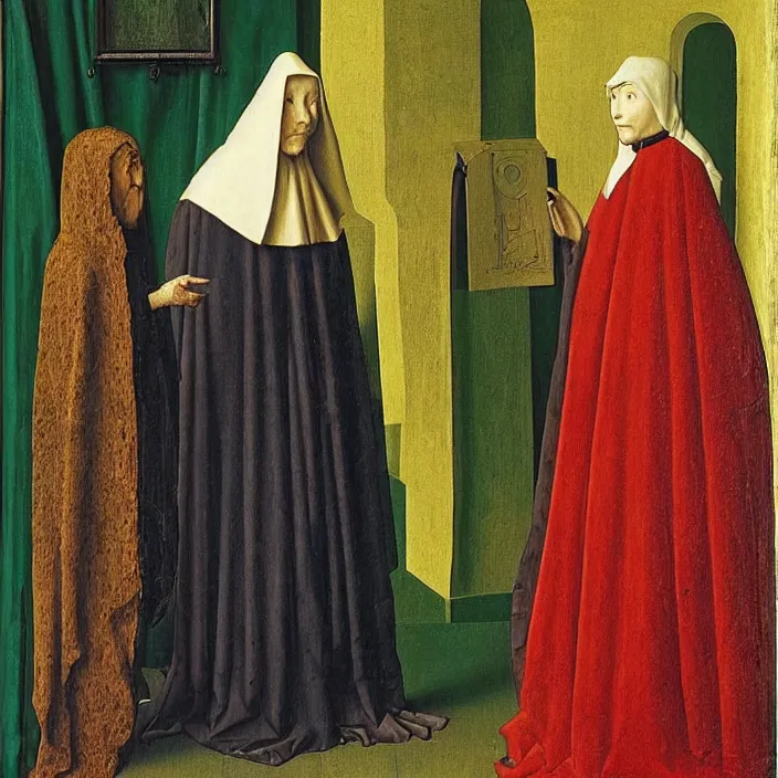 Image similar to an alien wearing a hooded cloak, by Jan van Eyck