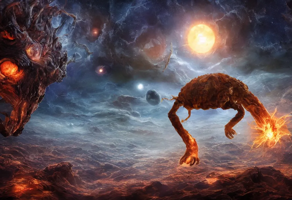 Image similar to eldritch horror bloody garfield in space, hd, 8 k, giant, epic, realistic photo, unreal engine, stars, prophecy, powerful, cinematic lighting, destroyed planet, debris, violent, sinister, ray tracing, dynamic, epic composition, dark, horrific, teeth, grotesque, monochrome drawing, hellscape, death, corpses, foreboding