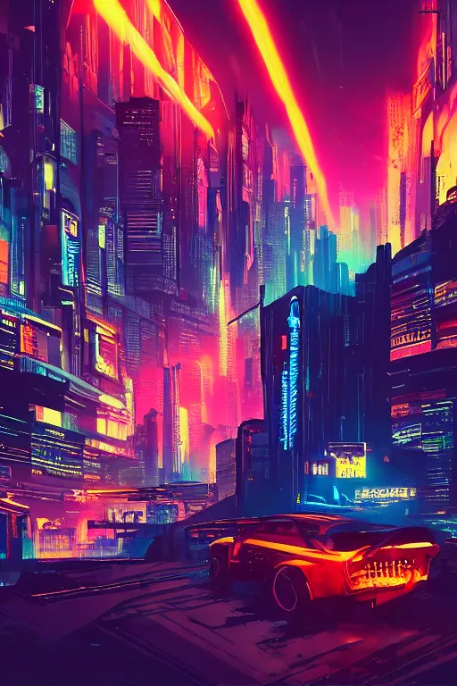 Prompt: cyberpunk city with a flight vehicle glowing in the sky, neon sign, cinematic composition, wide shot, bladerunner, digital illustration, concept art
