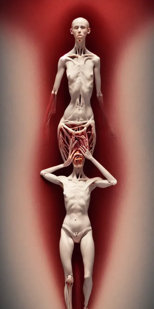 Image similar to poster design, full body anatomical model, 3 d photographic render of a deconstructed asymmetric human anatomical correct human body, in hoc signo vinces, waterfall, in the style of leonora carrington, gottfried helnwein, intricate composition, blue light by caravaggio, insanely quality, highly detailed, masterpiece, red light, artstation