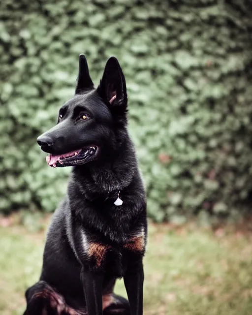 Image similar to An extremely dynamic studio photo of a black German Shepherd dog, bokeh, 90mm, f/1.4