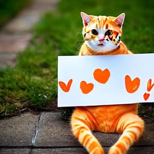 Image similar to cute orange tabby cat holds sign that says