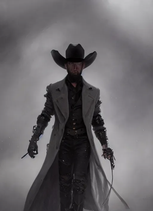 Image similar to a Photorealistic dramatic hyperrealistic render of a male cyborg dressed as a cowboy weaing a long black coat with a black cowboy hat, brilliant white eyes, short white hair,by WLOP,Artgerm,Greg Rutkowski,Alphonse Mucha, Beautiful dynamic dramatic dark moody lighting,shadows,cinematic atmosphere,Artstation,concept design art,Octane render,8K