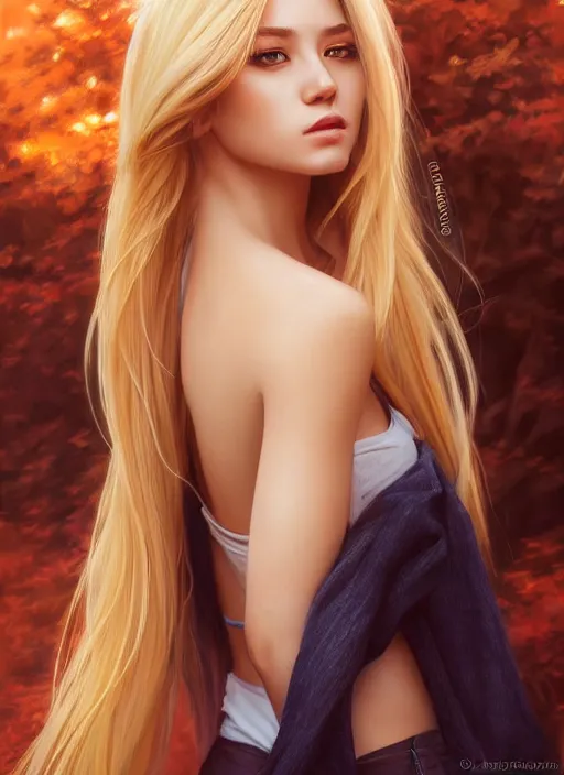 Image similar to photo of a gorgeous female with long blonde hair in the style of stefan kostic, realistic, full body shot, wide angle, sharp focus, 8 k high definition, insanely detailed, intricate, elegant, art by stanley lau and artgerm, floating embers