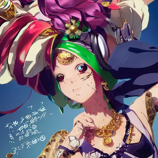 Image similar to Magazine Cover Anime key visual of a Gucci girl; official media; typography; drawn by Hirohiko Araki; Jojo's Bizarre Adventure; Jojolion, portrait, made by Stanley Artgerm Lau, WLOP, Rossdraws, James Jean, Andrei Riabovitchev, Marc Simonetti, Yoshitaka Amano, ArtStation