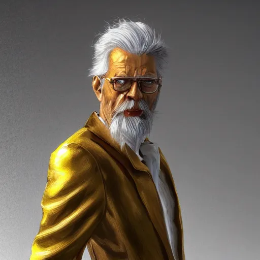 Image similar to a painted portrait of a tall old man in a golden suit, D&D, sci-fi, elegant, hopeful, muscular, highly detailed, digital painting, artstation, concept art, smooth, sharp focus, illustration