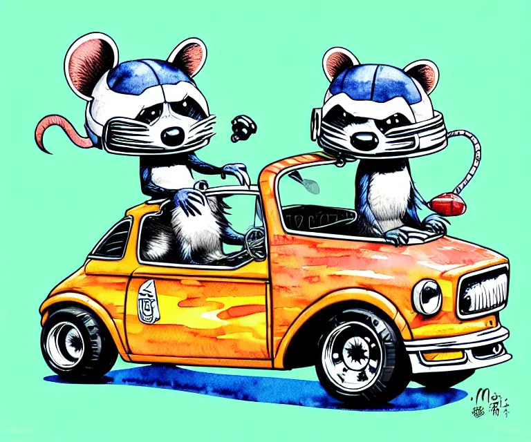Image similar to cute and funny, racoon wearing a helmet riding in a tiny hot rod with oversized engine, ratfink style by ed roth, centered award winning watercolor pen illustration, isometric illustration by chihiro iwasaki, edited by range murata, tiny details by artgerm and watercolor girl, symmetrically isometrically centered
