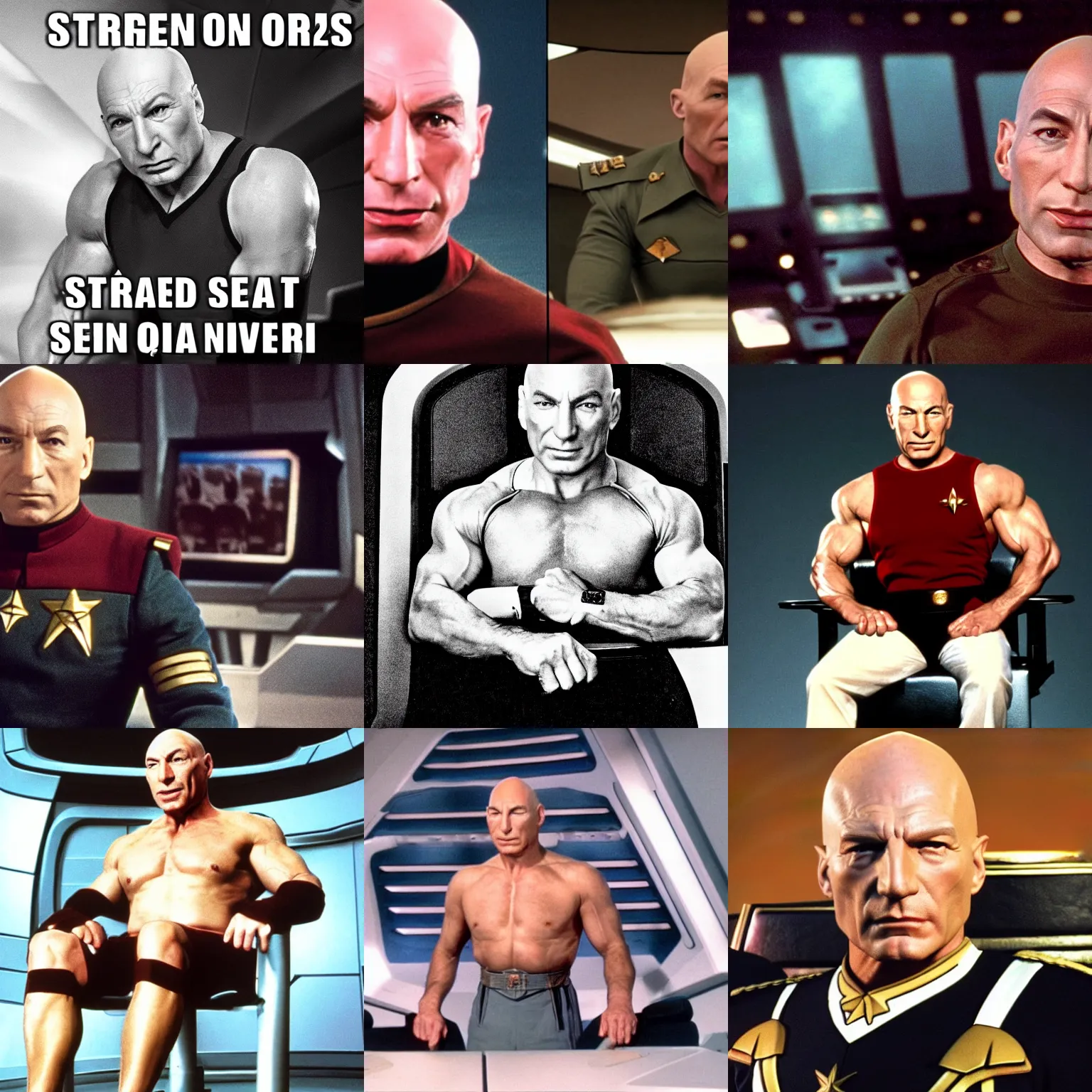 Prompt: strong muscled jean - luc picard sitting on the captains chair screaming orders