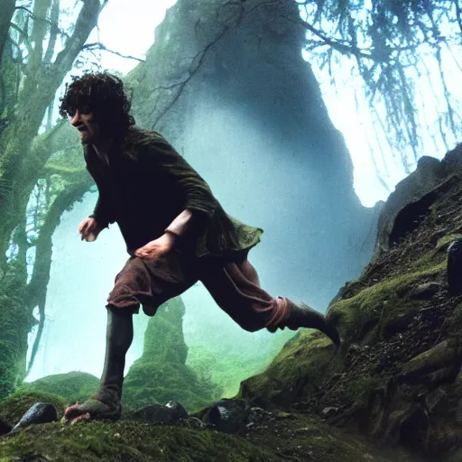 Prompt: Frodo running from gollum, action , go pro footage