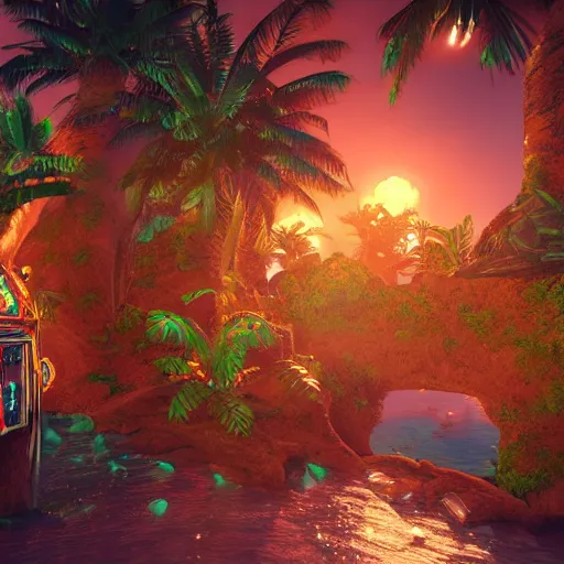 Image similar to a tropical island inside of a treasure chest with ornate details, glow, unreal engine, ultradetailed, trending on artstation, devianart, cgsociety, amazing details