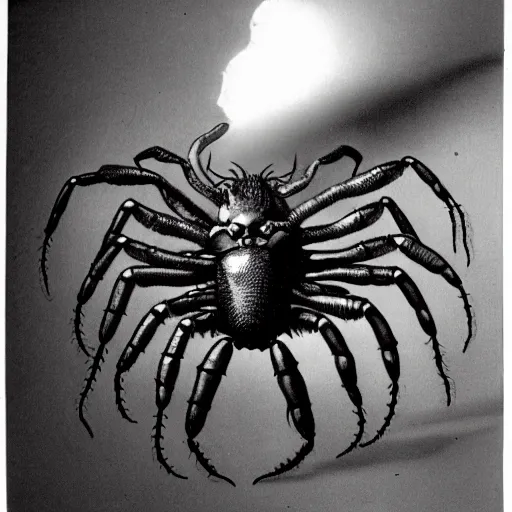 Image similar to an abscessed tomato demon with a pair of huge ugly crab pincers and a cloudy yellow evil eye and four long black spider legs, black and white style, older photos, dimly lit