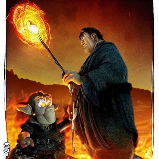 Prompt: “Bert throwing the one ring into the fires of mount doom as ernie tries to take it back”