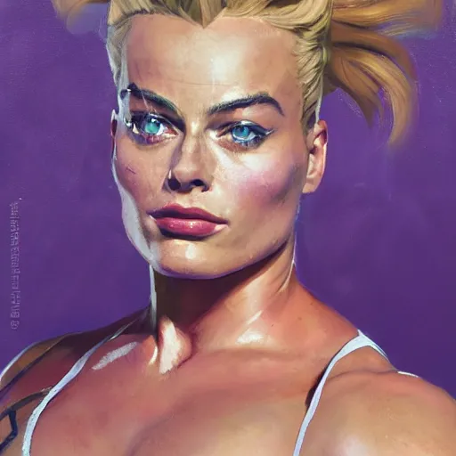 Image similar to greg manchess portrait of margot robbie as thick female bodybuilder zarya from overwatch in disco elysium, 1 3, epic grimdark, fantasy, medium shot, asymmetrical, profile picture, organic painting, sunny day, matte painting, bold shapes, hard edges, street art, trending on artstation, by huang guangjian and gil elvgren and sachin teng